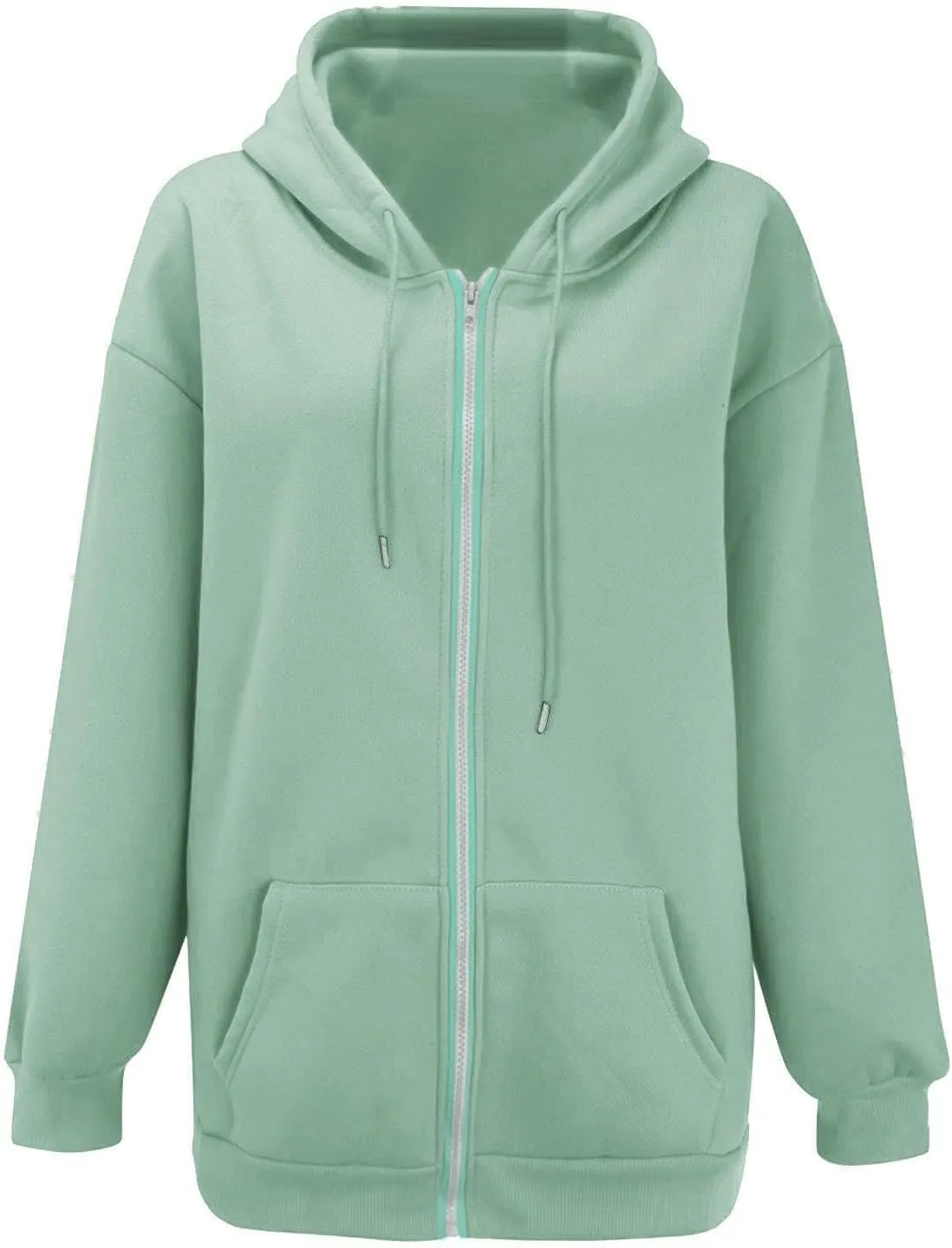 Loose Hoodie for Women Oversized Casual Full Zip Up Open Front Drawstring Hooded Solid Color Coat Fall Commute Hoodie