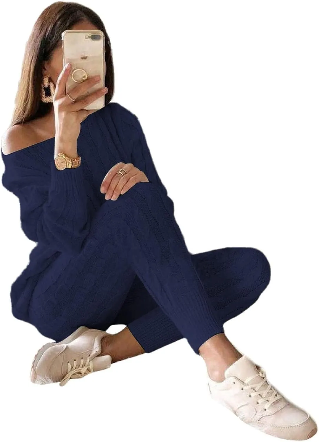 Lucuna Women's 2024 Fall Sweater Set 2 Piece Outfits Cable Knit Chunky Crew Neck Pullover Top Pants Loungewear