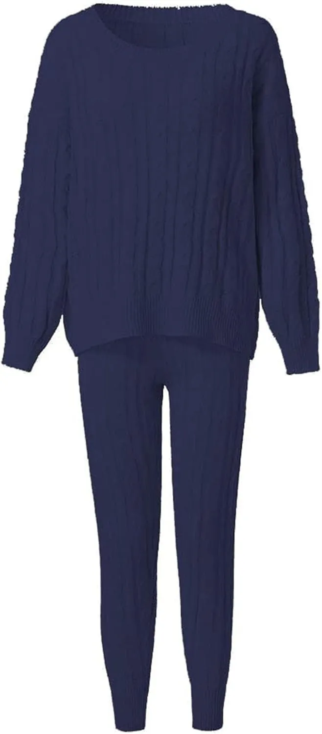 Lucuna Women's 2024 Fall Sweater Set 2 Piece Outfits Cable Knit Chunky Crew Neck Pullover Top Pants Loungewear