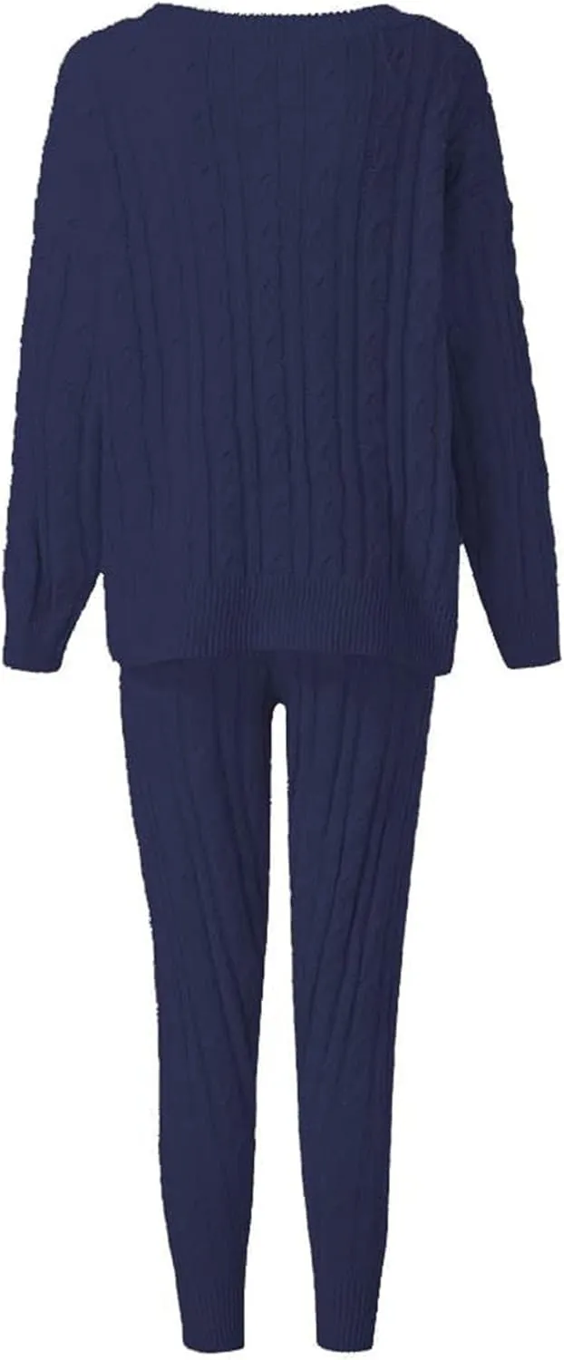 Lucuna Women's 2024 Fall Sweater Set 2 Piece Outfits Cable Knit Chunky Crew Neck Pullover Top Pants Loungewear