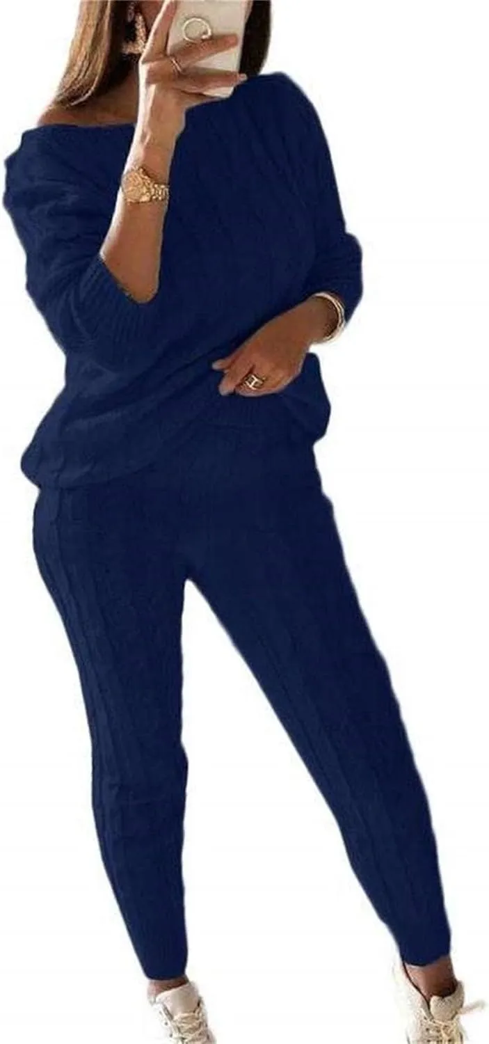 Lucuna Women's 2024 Fall Sweater Set 2 Piece Outfits Cable Knit Chunky Crew Neck Pullover Top Pants Loungewear