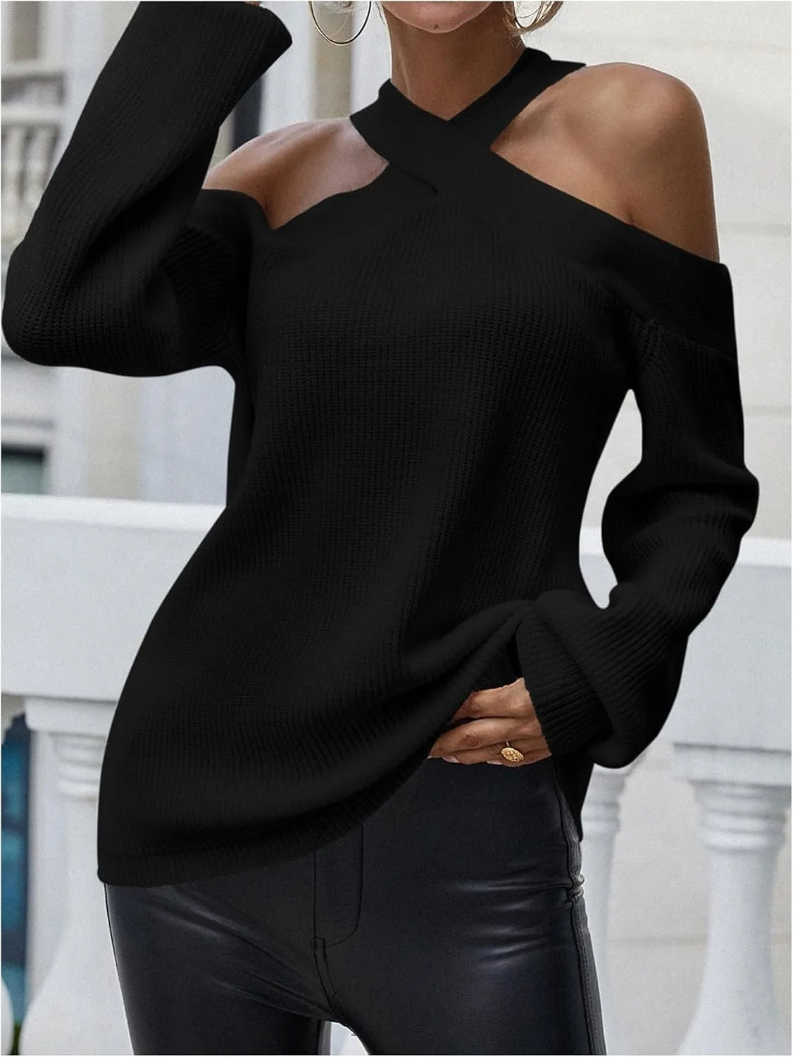 MakeMeChic Women's Halter Sweater Tops Criss Cross Rib Knitted Long Sleeve Cold Shoulder Tops