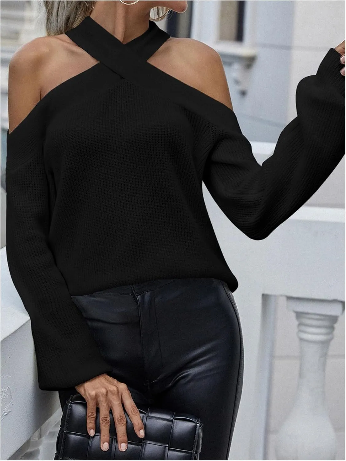 MakeMeChic Women's Halter Sweater Tops Criss Cross Rib Knitted Long Sleeve Cold Shoulder Tops