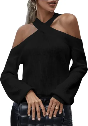 MakeMeChic Women's Halter Sweater Tops Criss Cross Rib Knitted Long Sleeve Cold Shoulder Tops