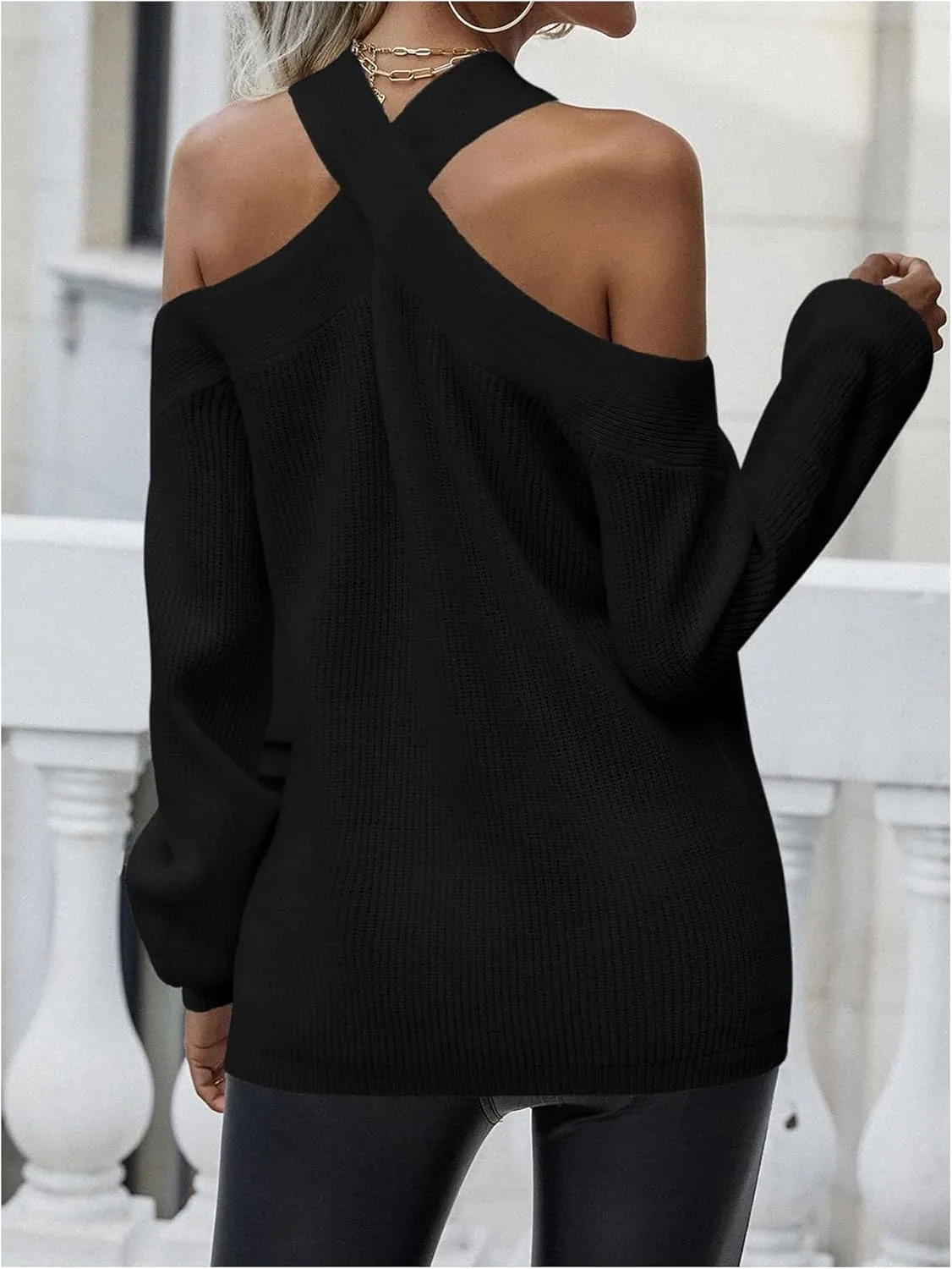 MakeMeChic Women's Halter Sweater Tops Criss Cross Rib Knitted Long Sleeve Cold Shoulder Tops