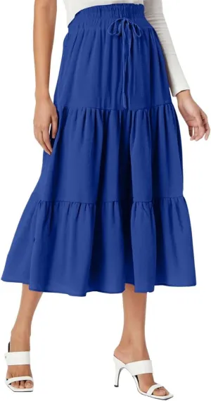 Maxi Skirt for Women Long Drawstring High Elastic Waist Ruffles A-Line Loose Solid Color Casual Midi Skirts Loungewear