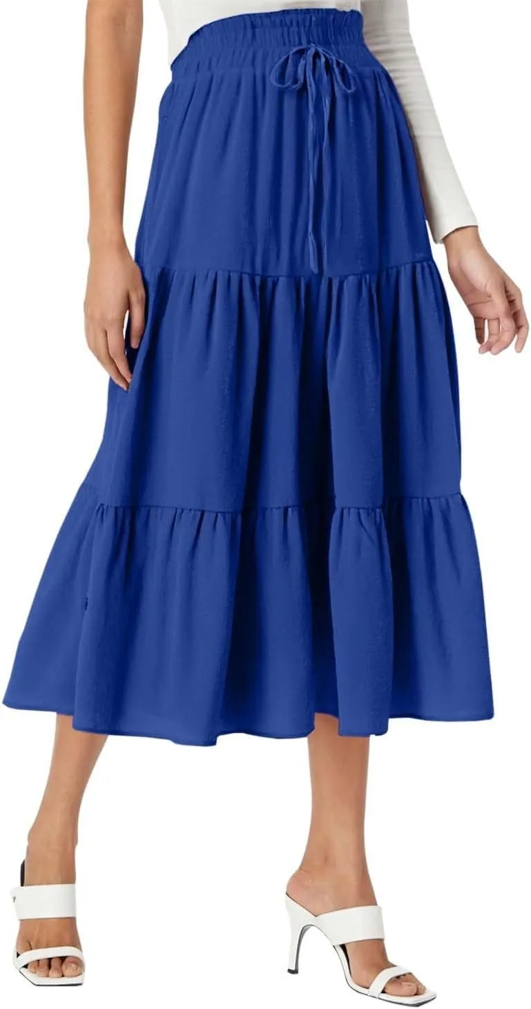 Maxi Skirt for Women Long Drawstring High Elastic Waist Ruffles A-Line Loose Solid Color Casual Midi Skirts Loungewear