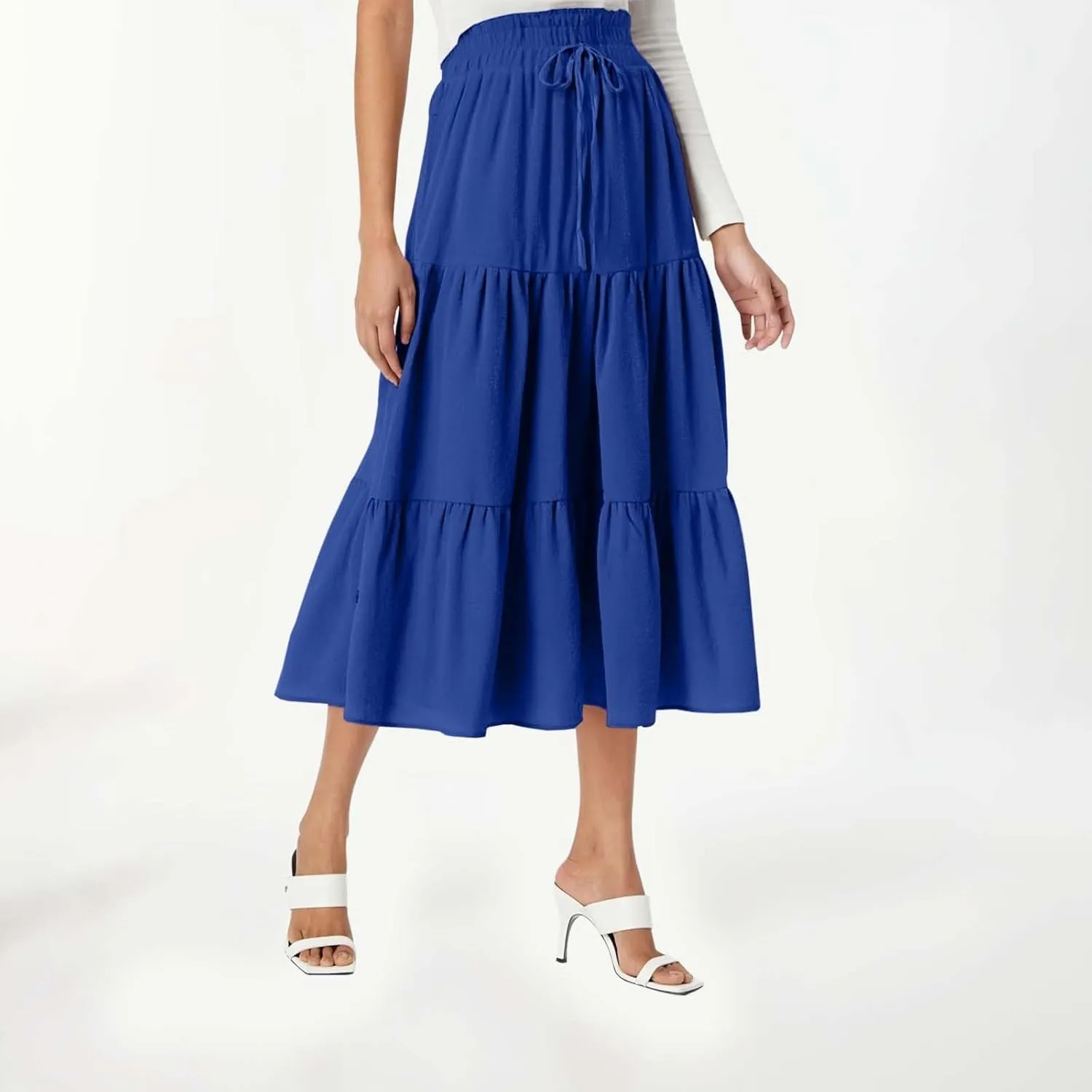 Maxi Skirt for Women Long Drawstring High Elastic Waist Ruffles A-Line Loose Solid Color Casual Midi Skirts Loungewear