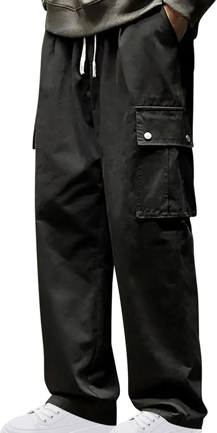 Men Cargo Pants Classic-Fit Multi Pockets Work Pants Trendy Solid Color Outdoor Pants Elastic Waist Drawstring Pants
