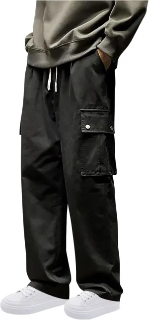 Men Cargo Pants Classic-Fit Multi Pockets Work Pants Trendy Solid Color Outdoor Pants Elastic Waist Drawstring Pants