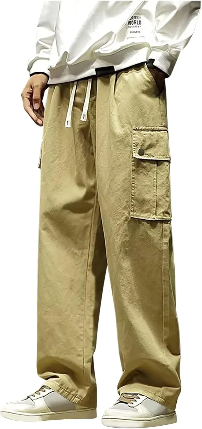 Men Cargo Pants Classic-Fit Multi Pockets Work Pants Trendy Solid Color Outdoor Pants Elastic Waist Drawstring Pants