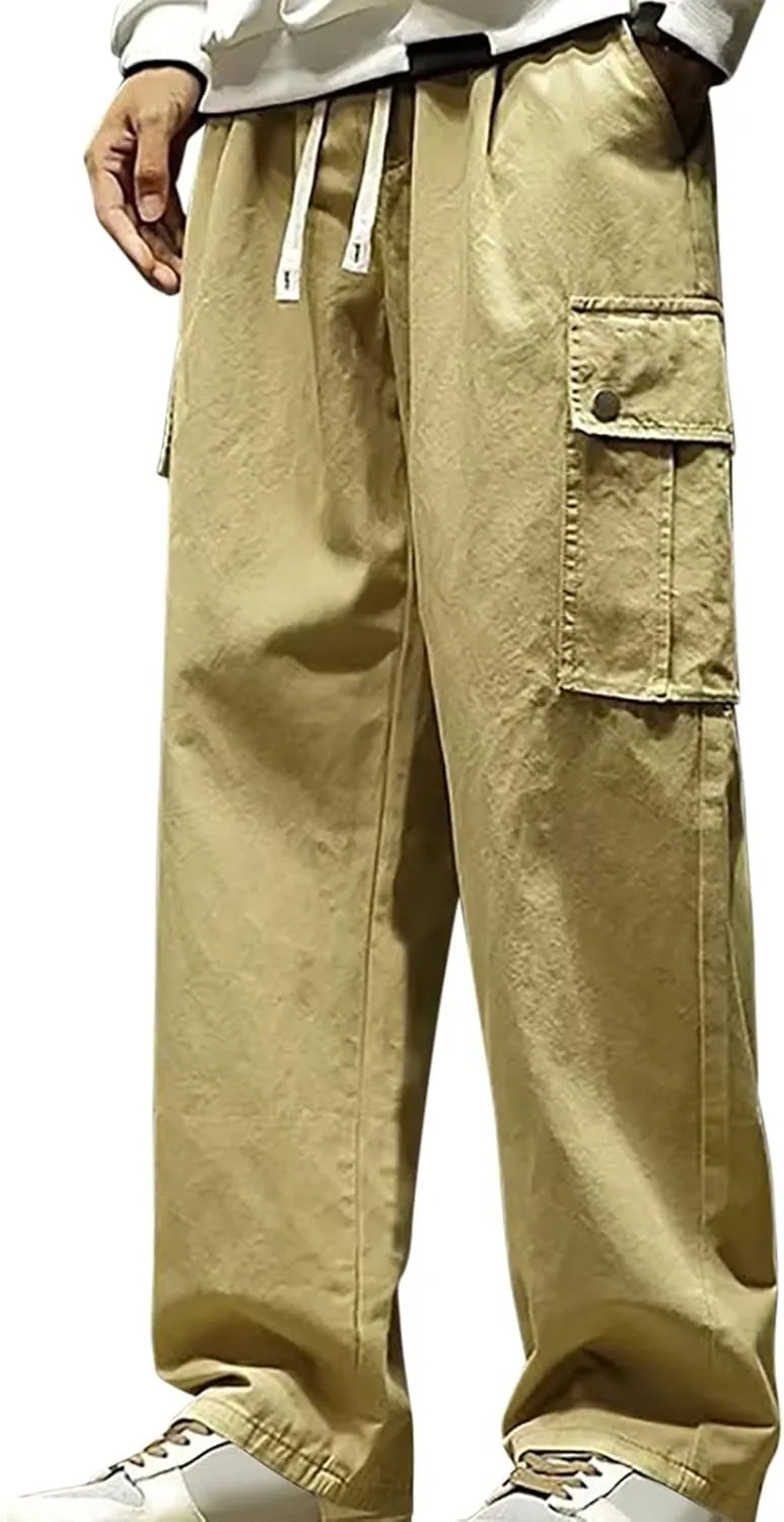 Men Cargo Pants Classic-Fit Multi Pockets Work Pants Trendy Solid Color Outdoor Pants Elastic Waist Drawstring Pants