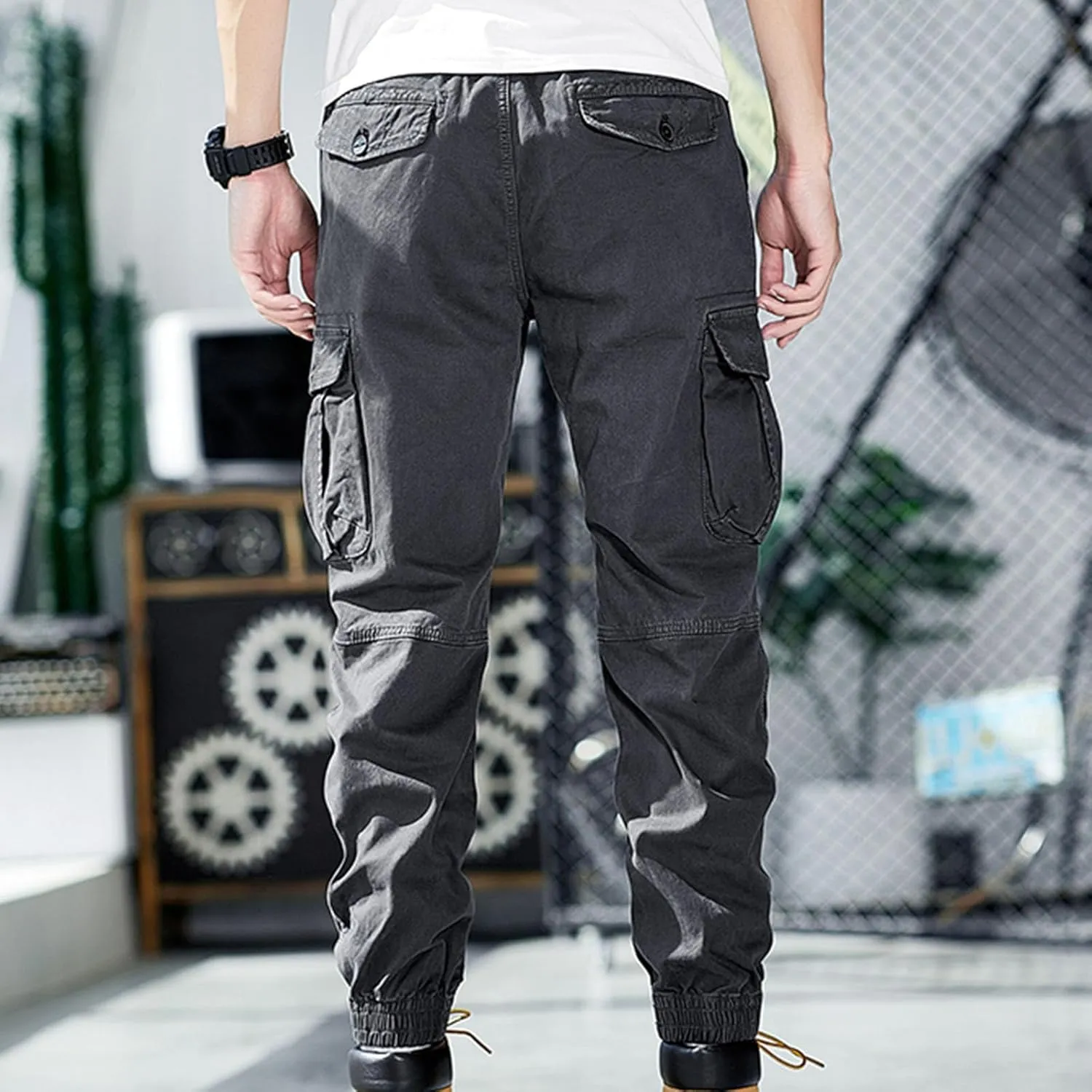Men Cargo Pants Joggers Lightwieght Elastic Waist Pants Outdoor Hiking Pants with Multi Pockets Ripstop Cargo Pants