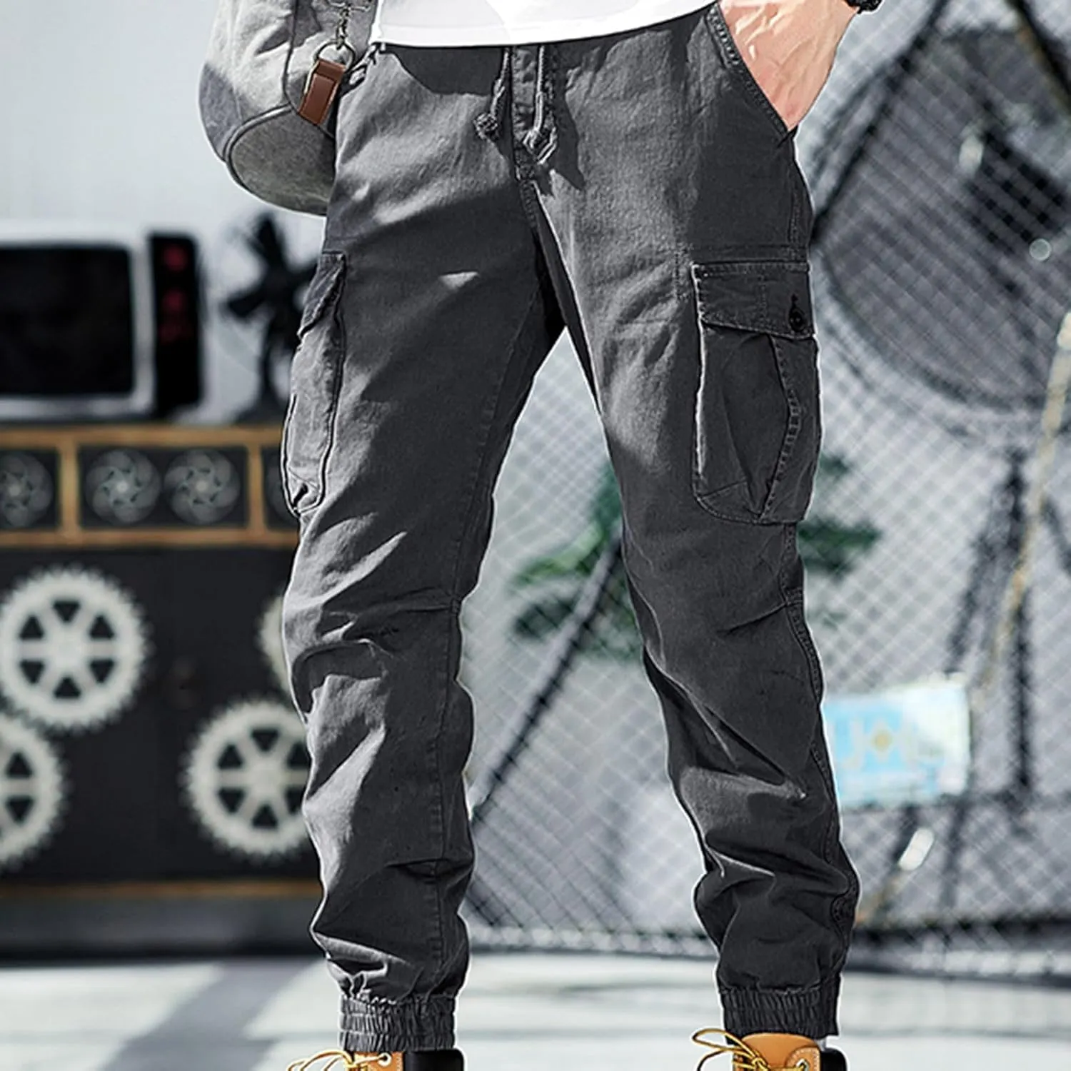 Men Cargo Pants Joggers Lightwieght Elastic Waist Pants Outdoor Hiking Pants with Multi Pockets Ripstop Cargo Pants