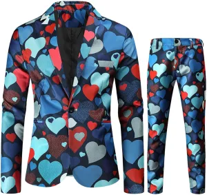 Mens 2 Piece Suit Skinny Printed Tuxedo Wedding Party Suits Slim Fit Cute Print Blazer and Pants Classic Fit Jacket