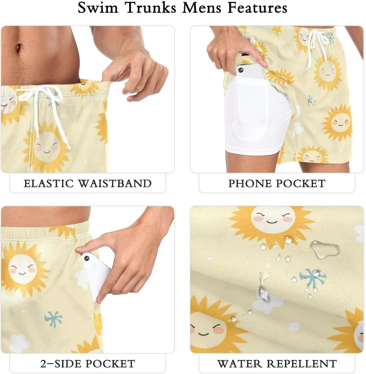 Men's Athletic Shorts Lightweight Quick Dry Shorts Running Shorts with Pockets Cartoon Sun for Gym Workout