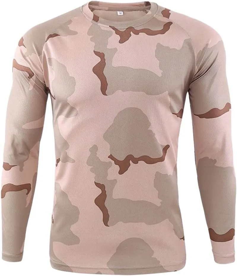 Men's Camo T Shirts Casual Long Sleeve Crew Neck Compression Shirt Outdoor Hunting T-Shirt Gym Athletic Running Tops