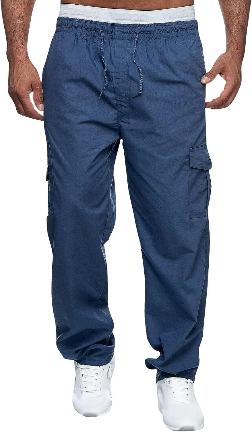 Men's Cargo Pants Relaxed Fit Elastic Waist Pants Straight Leg Chinos Pants High Waisted Track Pants with Pockets