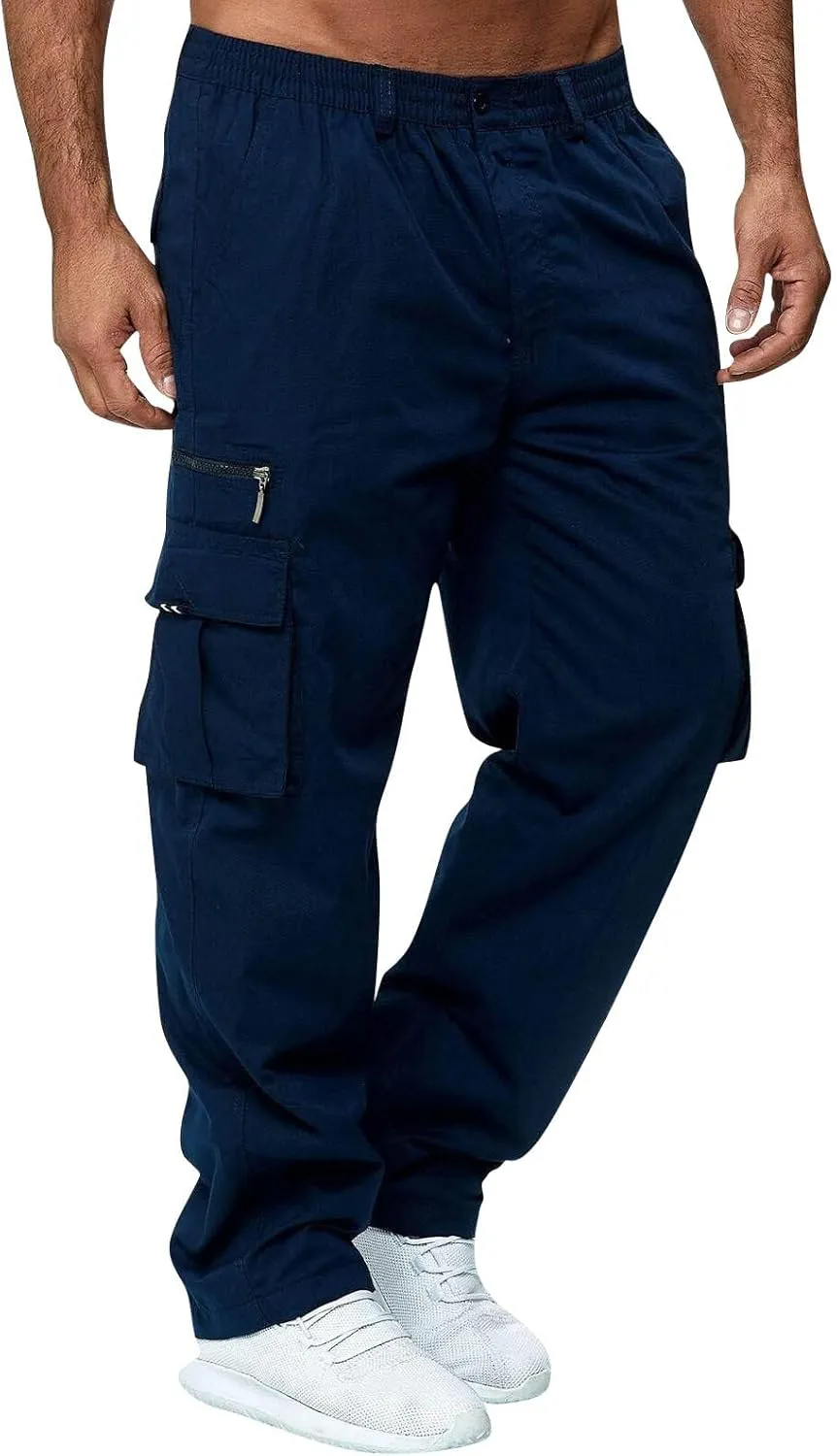 Mens Cargo Pants Relaxed Fit Elastic Waist Pants Straight Leg Chinos Pants High Waisted Track Pants with Pockets