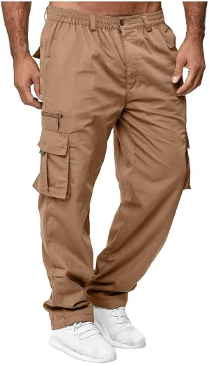 Mens Cargo Pants Relaxed Fit Elastic Waist Pants Straight Leg Chinos Pants High Waisted Track Pants with Pockets