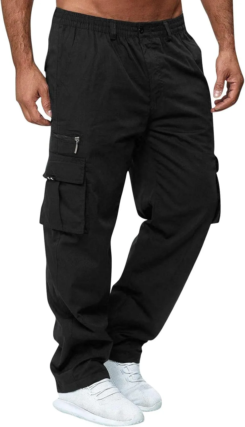 Men's Cargo Pants Relaxed Fit Elastic Waist Pants Straight Leg Chinos Pants High Waisted Track Pants with Pockets