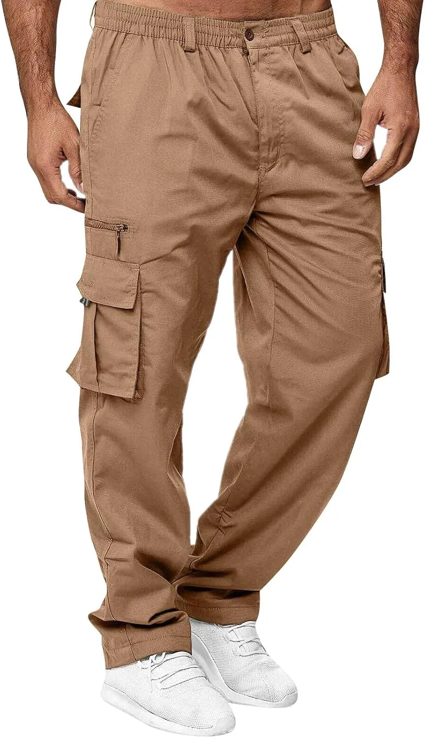 Mens Cargo Pants Relaxed Fit Elastic Waist Pants Straight Leg Chinos Pants High Waisted Track Pants with Pockets