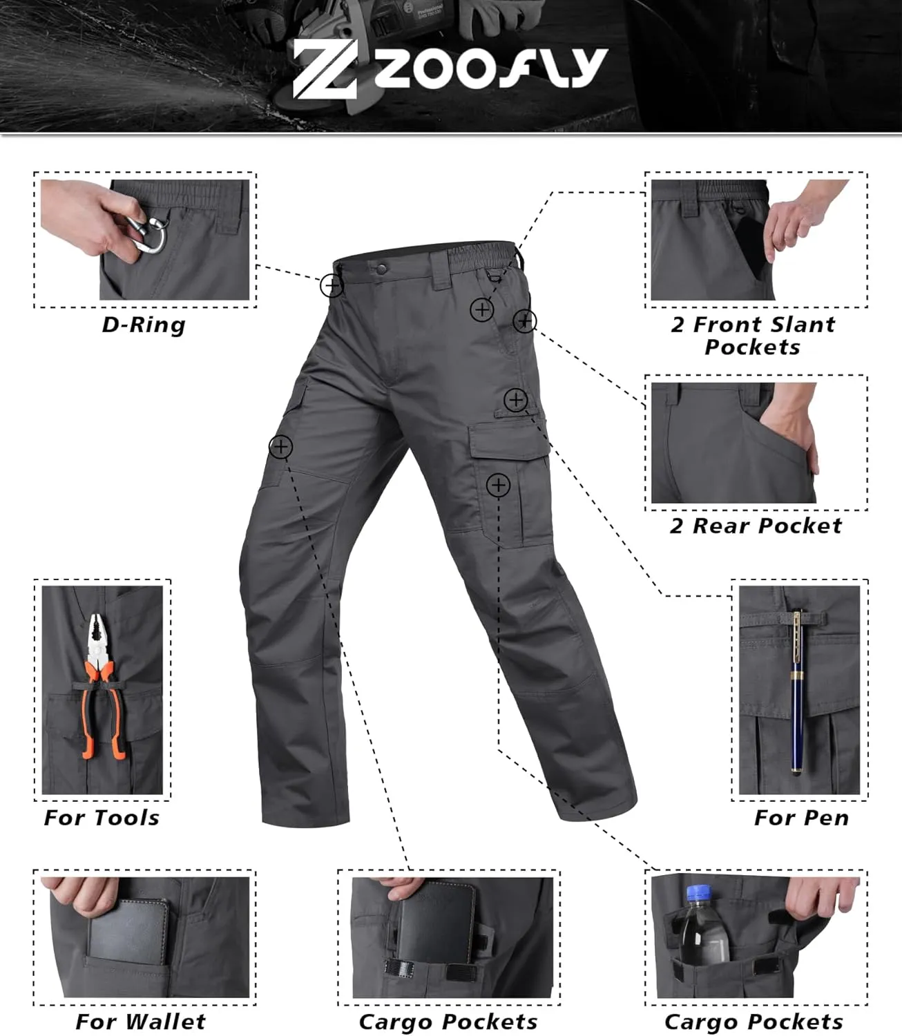 Mens Cargo Pants Waterproof Hiking Pants for Men Ripstop Tactical Pants Multi Work Pants with 7 Pockets