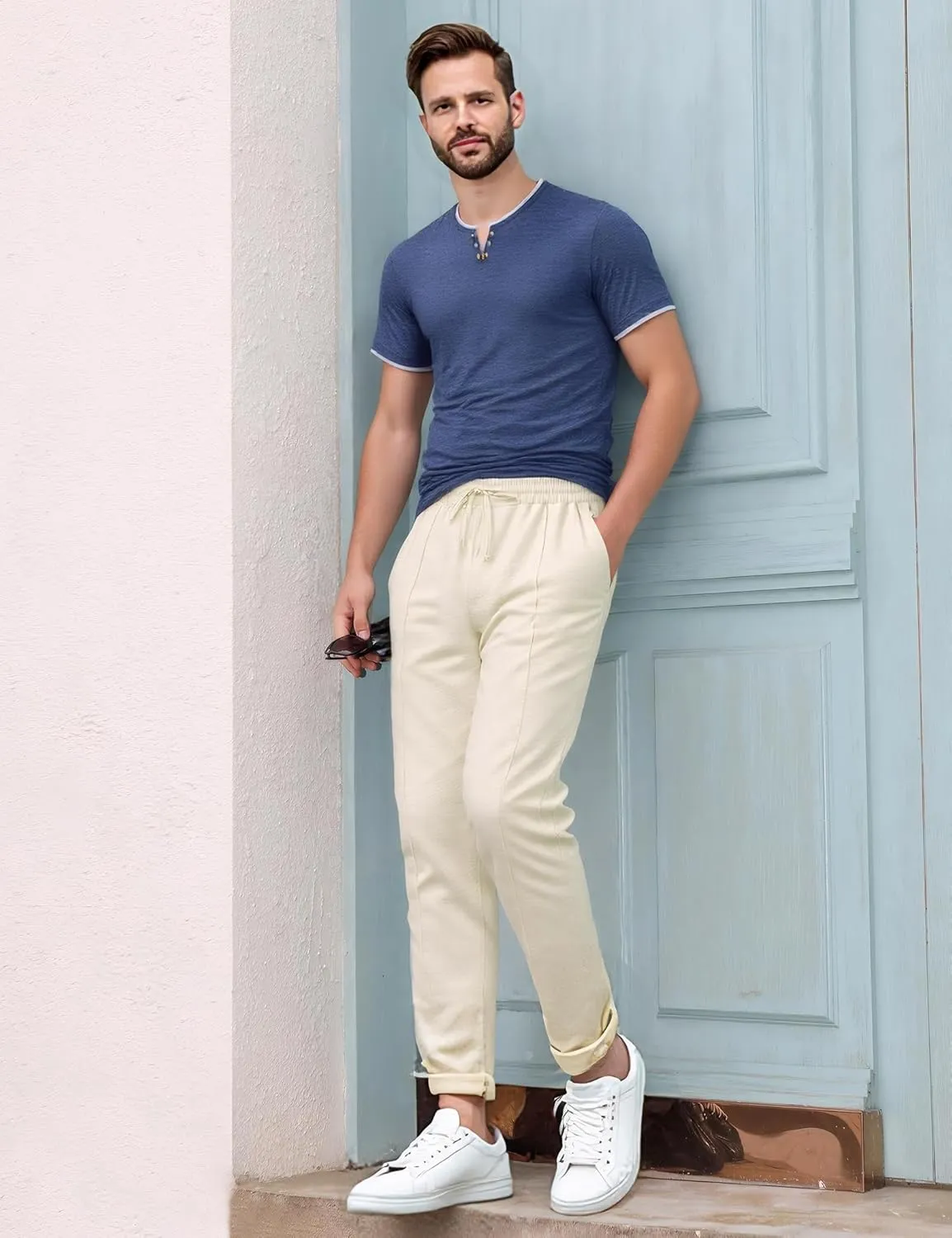 Men's Casual Pants Waffle Knit Pants Lightweight Open Bottom Pants Slim Fit Drawstring Jogger Yoga Pants with Pockets