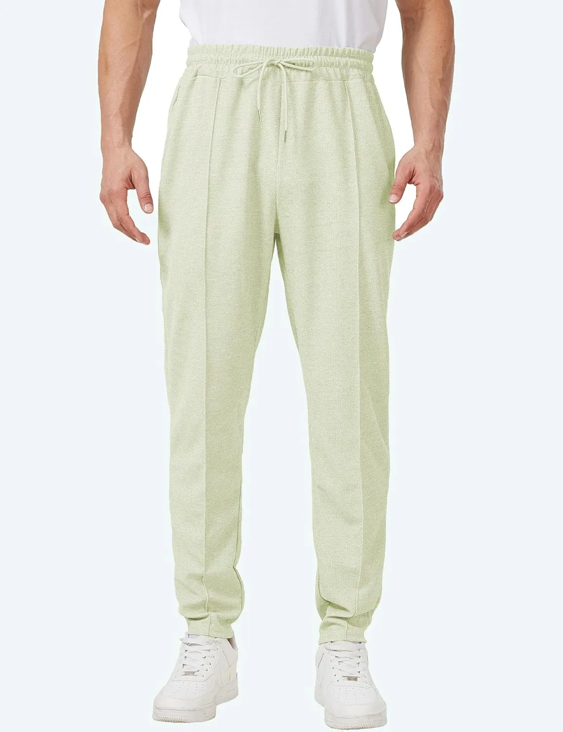 Men's Casual Pants Waffle Knit Pants Lightweight Open Bottom Pants Slim Fit Drawstring Jogger Yoga Pants with Pockets
