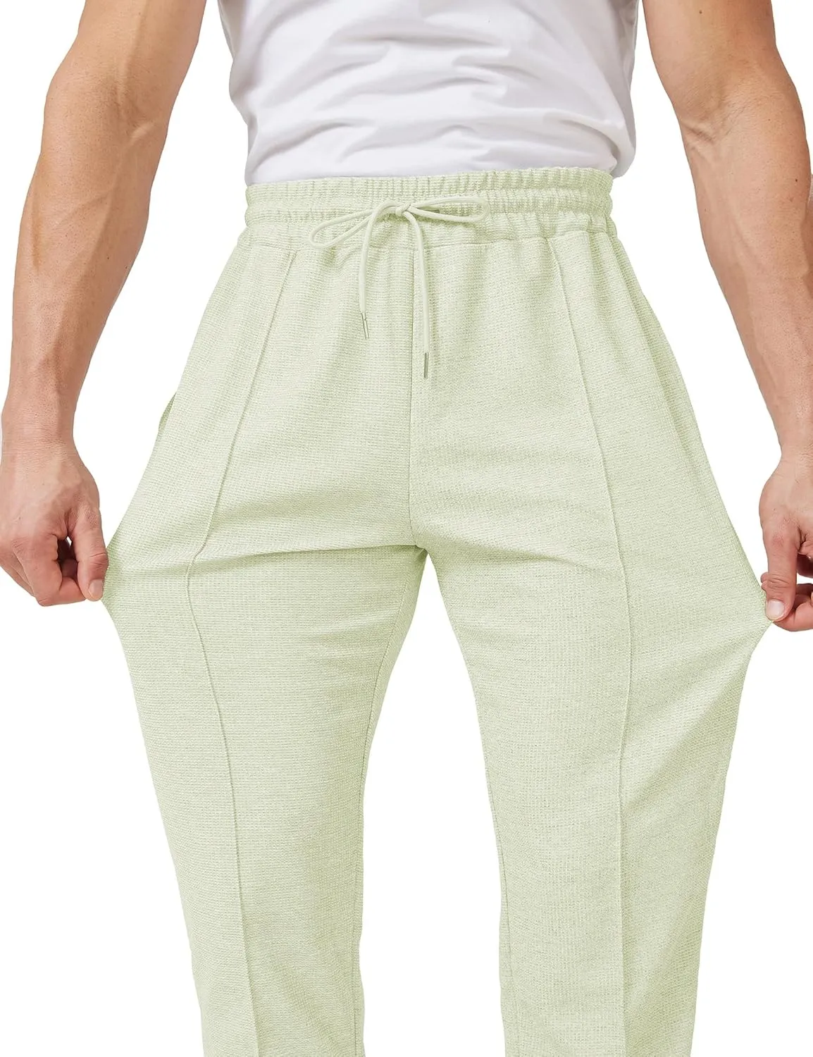 Men's Casual Pants Waffle Knit Pants Lightweight Open Bottom Pants Slim Fit Drawstring Jogger Yoga Pants with Pockets