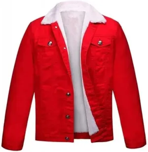 Men's Christmas Denim Trucker Fur Red Jacket | Denim Trucker Christmas Fur Red Jacket