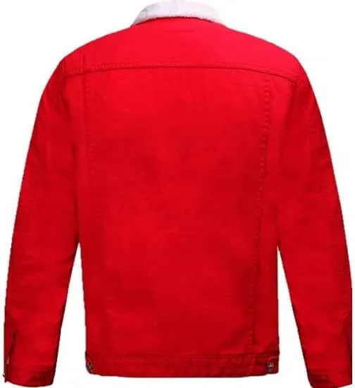 Men's Christmas Denim Trucker Fur Red Jacket | Denim Trucker Christmas Fur Red Jacket