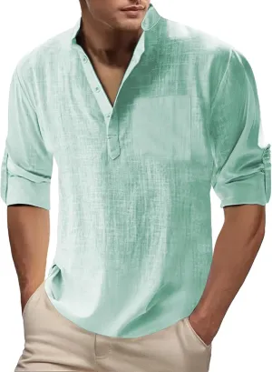 Mens Cotton Linen Henley Shirts Casual 3/4 Sleeve V Neck Summer Tops Lightweight Quick Dry Hipster Beach Hippie Shirt