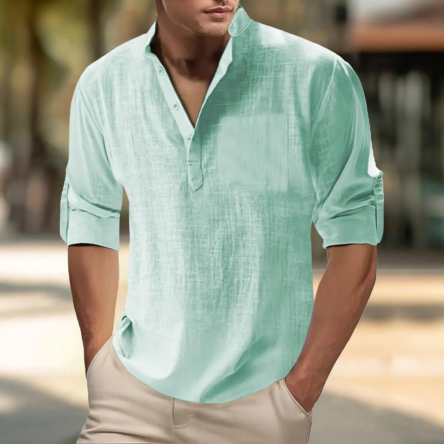 Mens Cotton Linen Henley Shirts Casual 3/4 Sleeve V Neck Summer Tops Lightweight Quick Dry Hipster Beach Hippie Shirt