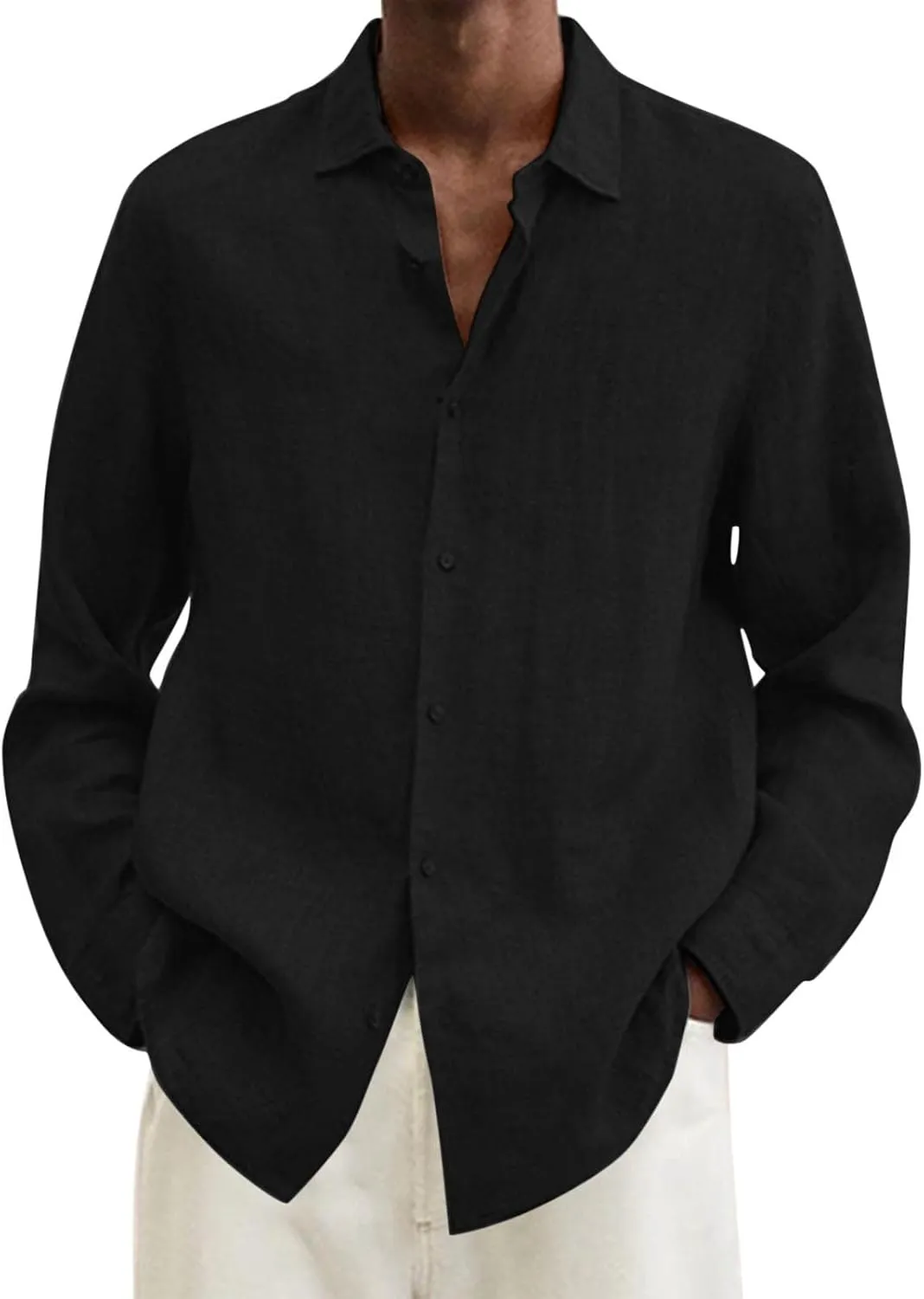 Men's Cotton Linen Henley T-Shirts Long Sleeve Hippie Casual Beach Button Down Polo T Shirts Summer Band Collar Tops