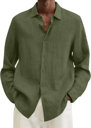 Men's Cotton Linen Henley T-Shirts Long Sleeve Hippie Casual Beach Button Down Polo T Shirts Summer Band Collar Tops