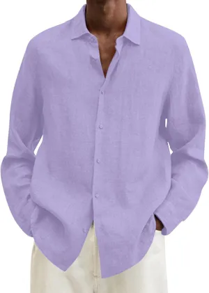 Men's Cotton Linen Henley T-Shirts Long Sleeve Hippie Casual Beach Button Down Polo T Shirts Summer Band Collar Tops