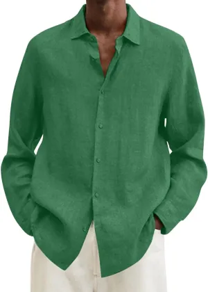 Men's Cotton Linen Henley T-Shirts Long Sleeve Hippie Casual Beach Button Down Polo T Shirts Summer Band Collar Tops