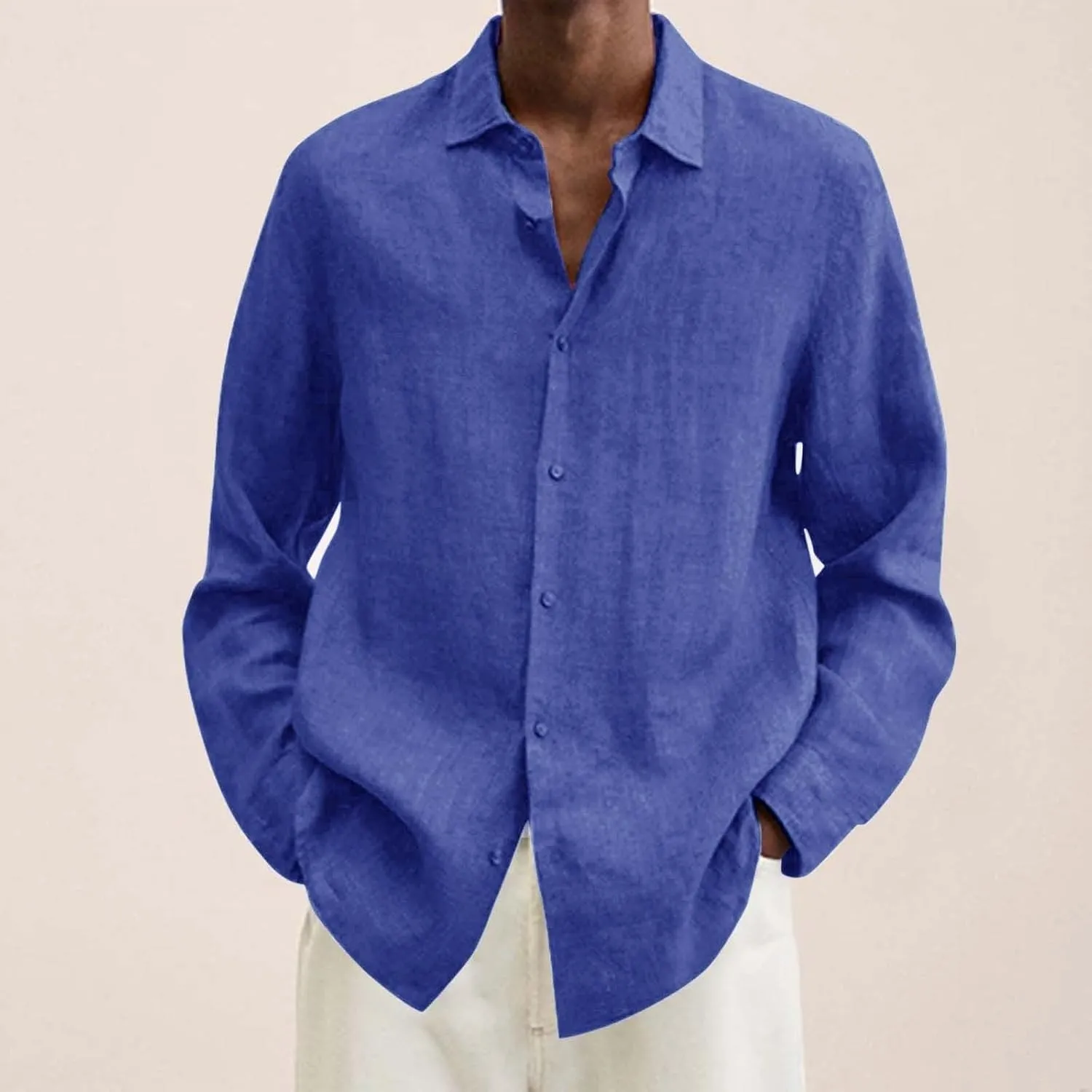 Men's Cotton Linen Henley T-Shirts Long Sleeve Hippie Casual Beach Button Down Polo T Shirts Summer Band Collar Tops