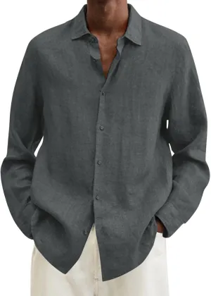 Men's Cotton Linen Henley T-Shirts Long Sleeve Hippie Casual Beach Button Down Polo T Shirts Summer Band Collar Tops
