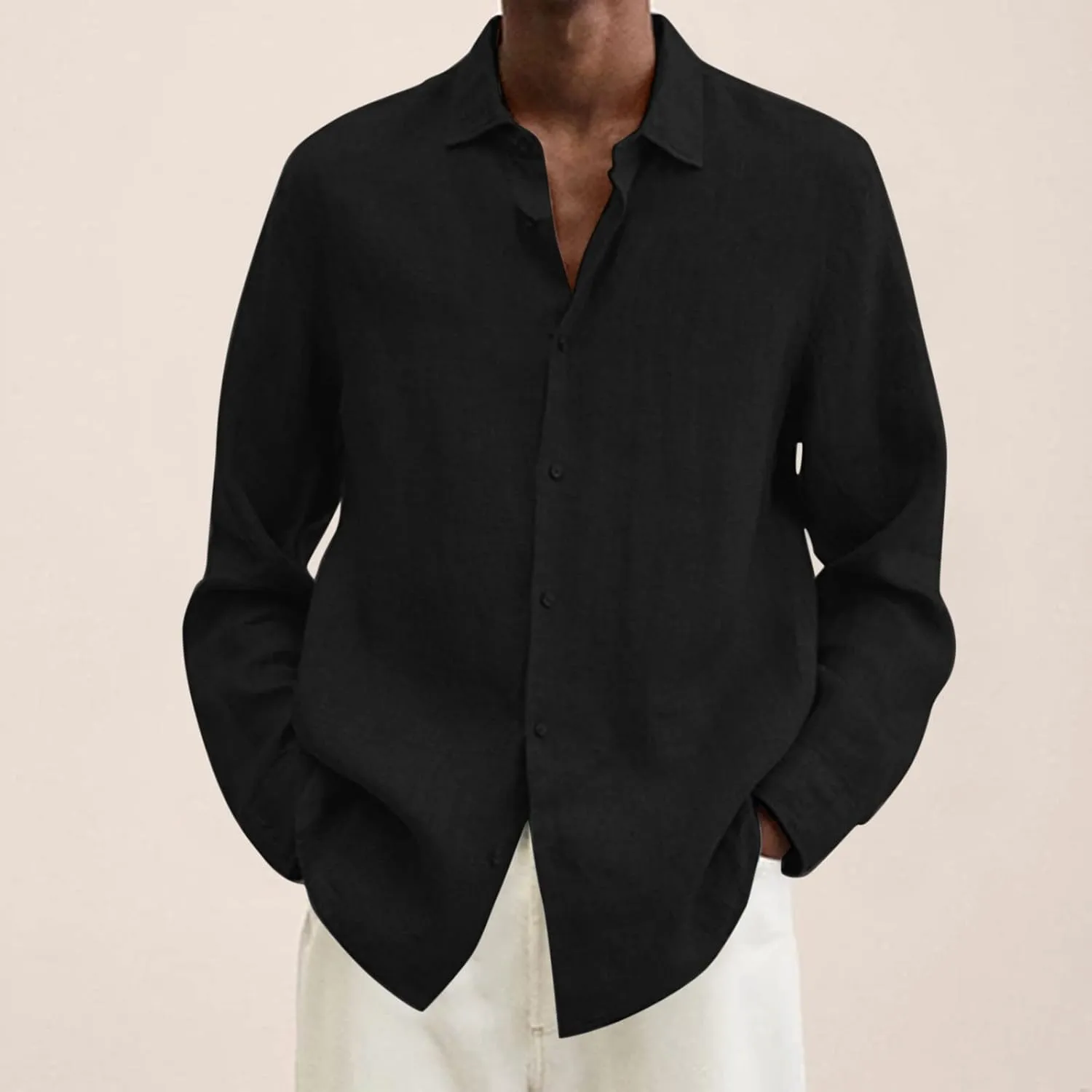 Men's Cotton Linen Henley T-Shirts Long Sleeve Hippie Casual Beach Button Down Polo T Shirts Summer Band Collar Tops
