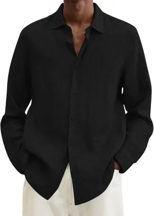 Men's Cotton Linen Henley T-Shirts Long Sleeve Hippie Casual Beach Button Down Polo T Shirts Summer Band Collar Tops