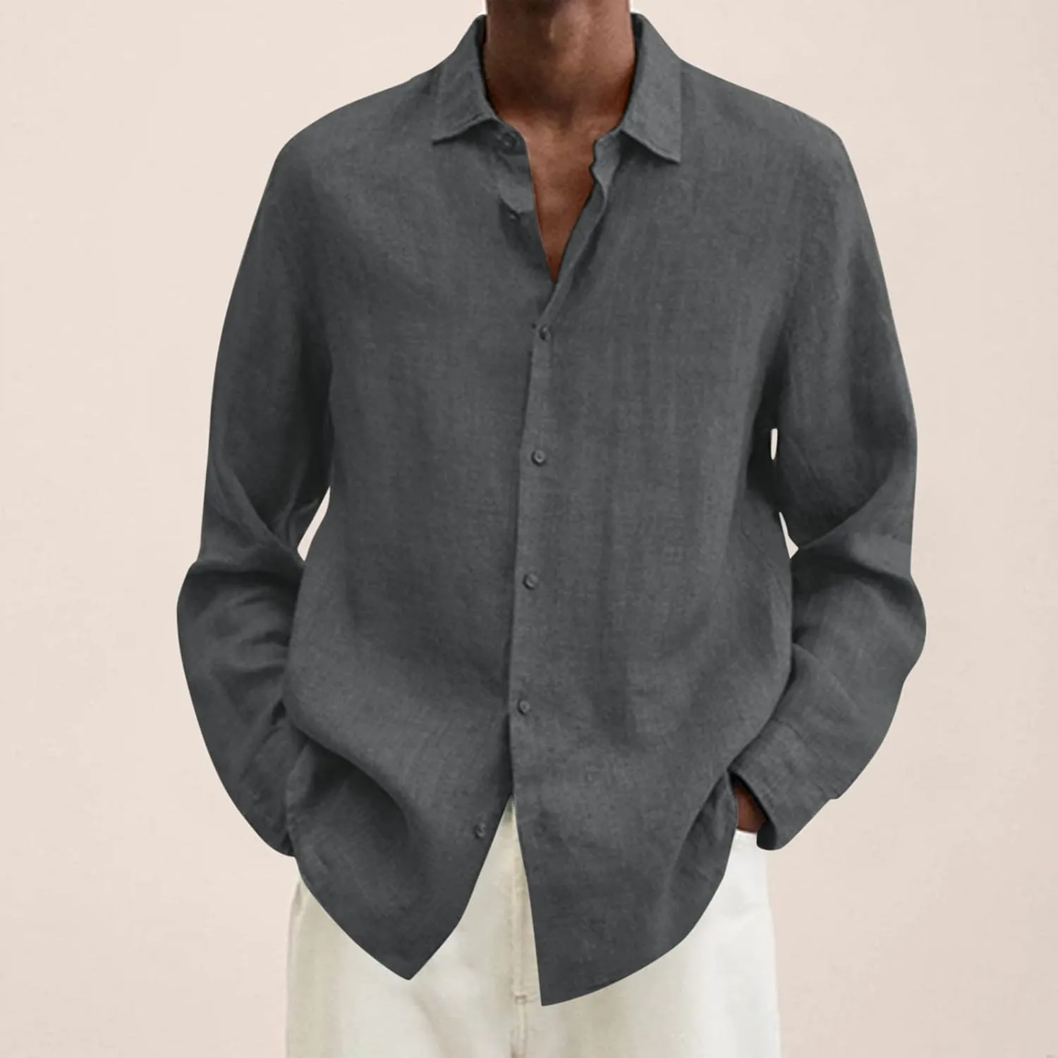 Men's Cotton Linen Henley T-Shirts Long Sleeve Hippie Casual Beach Button Down Polo T Shirts Summer Band Collar Tops