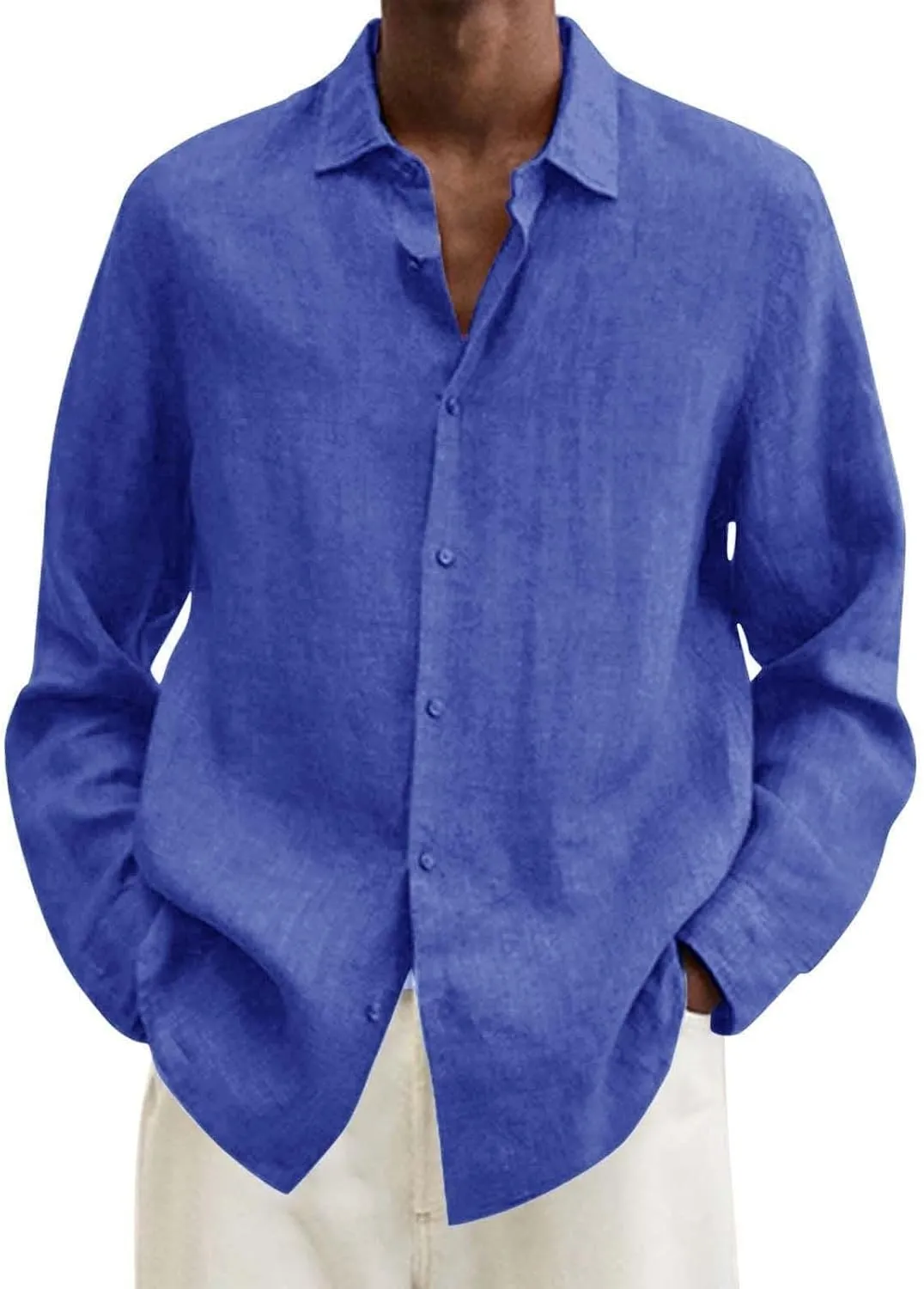 Men's Cotton Linen Henley T-Shirts Long Sleeve Hippie Casual Beach Button Down Polo T Shirts Summer Band Collar Tops