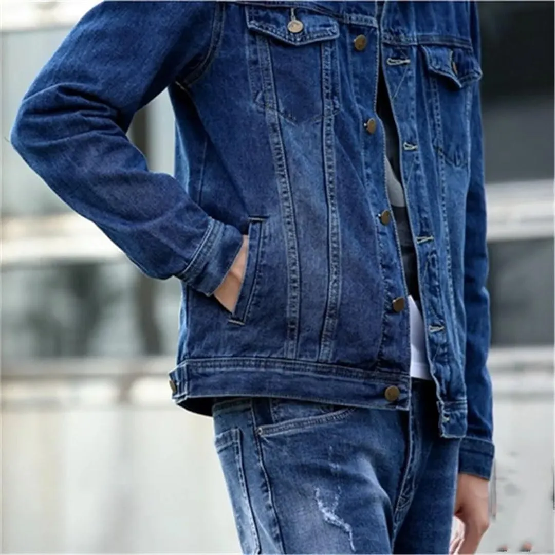 Men's Denim Jacket Casual Single Breasted Lapel Trucker Denim Jacket
