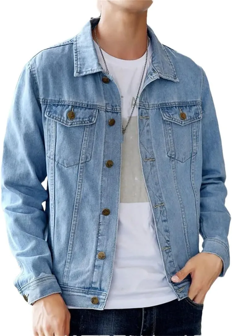 Men's Denim Jacket Casual Single Breasted Lapel Trucker Denim Jacket