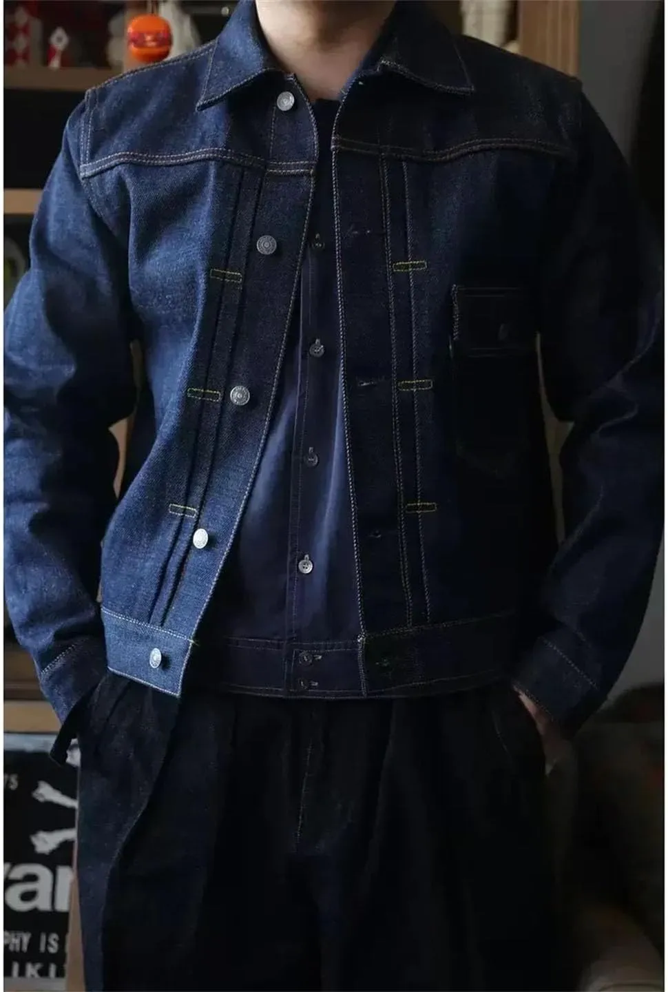 Mens Denim Trucker Jackets Single Breasted Solid Long Sleeve Casual Denim Outerwear