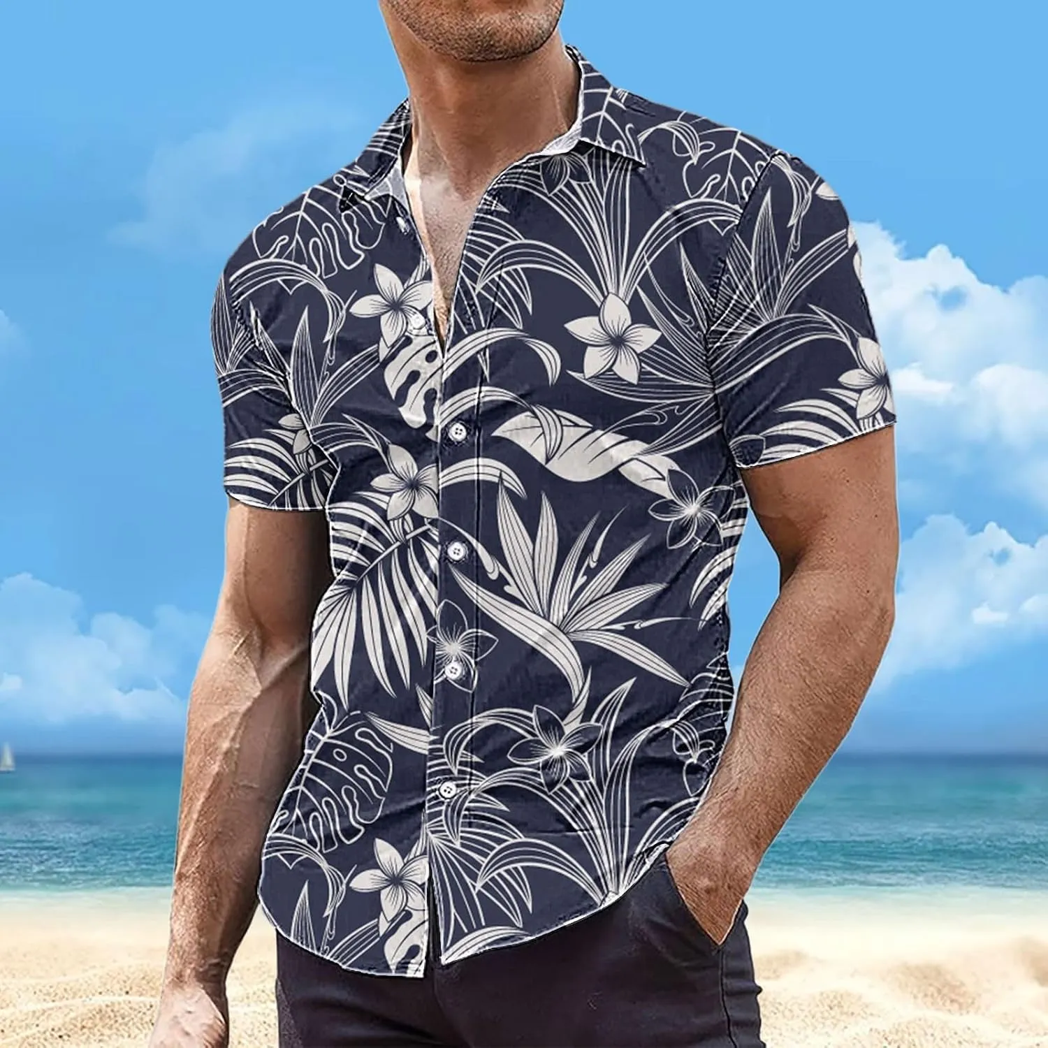 Men's Hawaiian Shirts Stylish Summer Button Down Short Sleeve Beach Aloha Shirt Tropical Quick Dry Hippie Tee Top