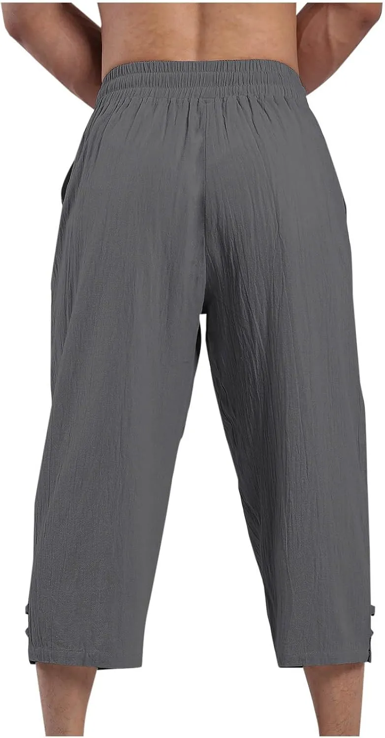 Men's Linen Pants Casual Pants Drawstring Beach Trousers Relaxed-Fit Yoga Pants Summer Elastic Waist Pants
