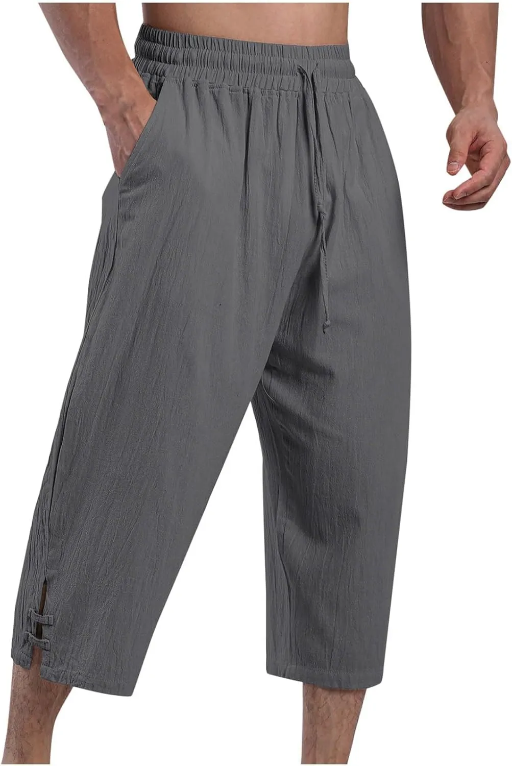 Men's Linen Pants Casual Pants Drawstring Beach Trousers Relaxed-Fit Yoga Pants Summer Elastic Waist Pants